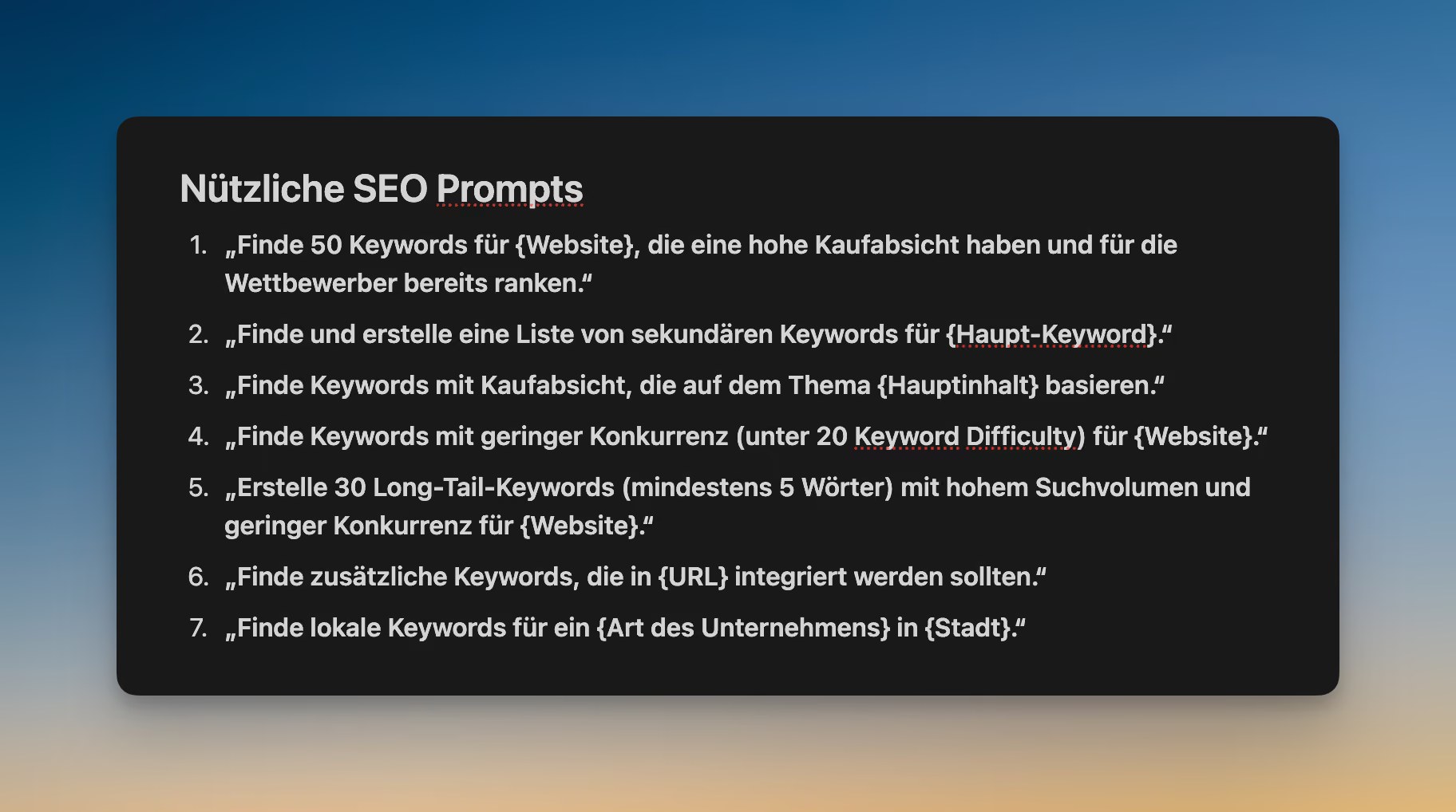 Einige nützliche Prompts für ChatGPT um deine eigene SEO zu verbessern. Abonniere meinen Newsletter um jetzt die vollstä