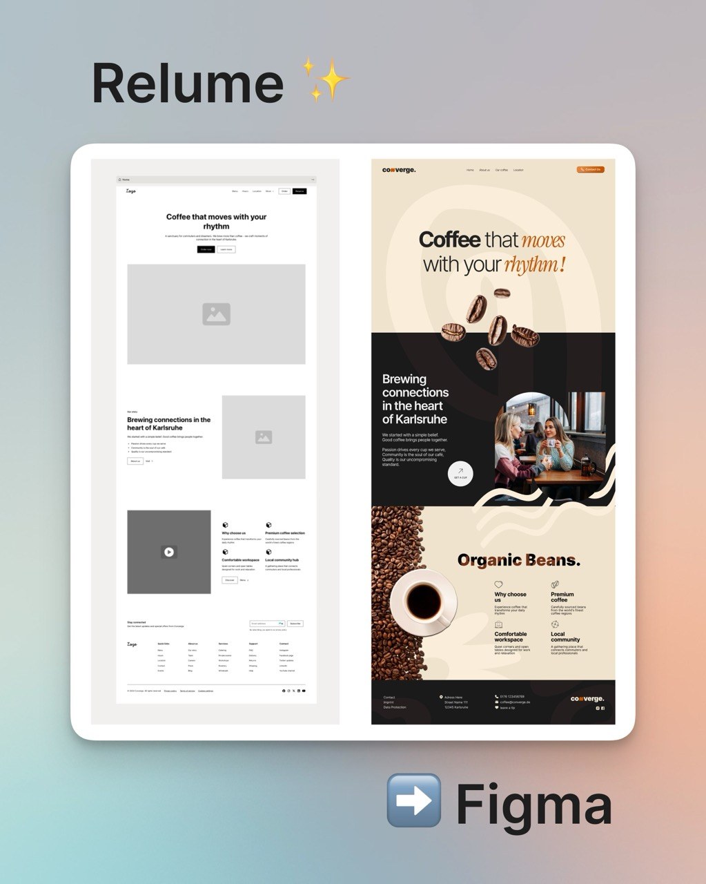 Eine mit Relume geplante Seite kann in Figma importiert und dort in ein High-Fidelity Design umgewandelt werden.