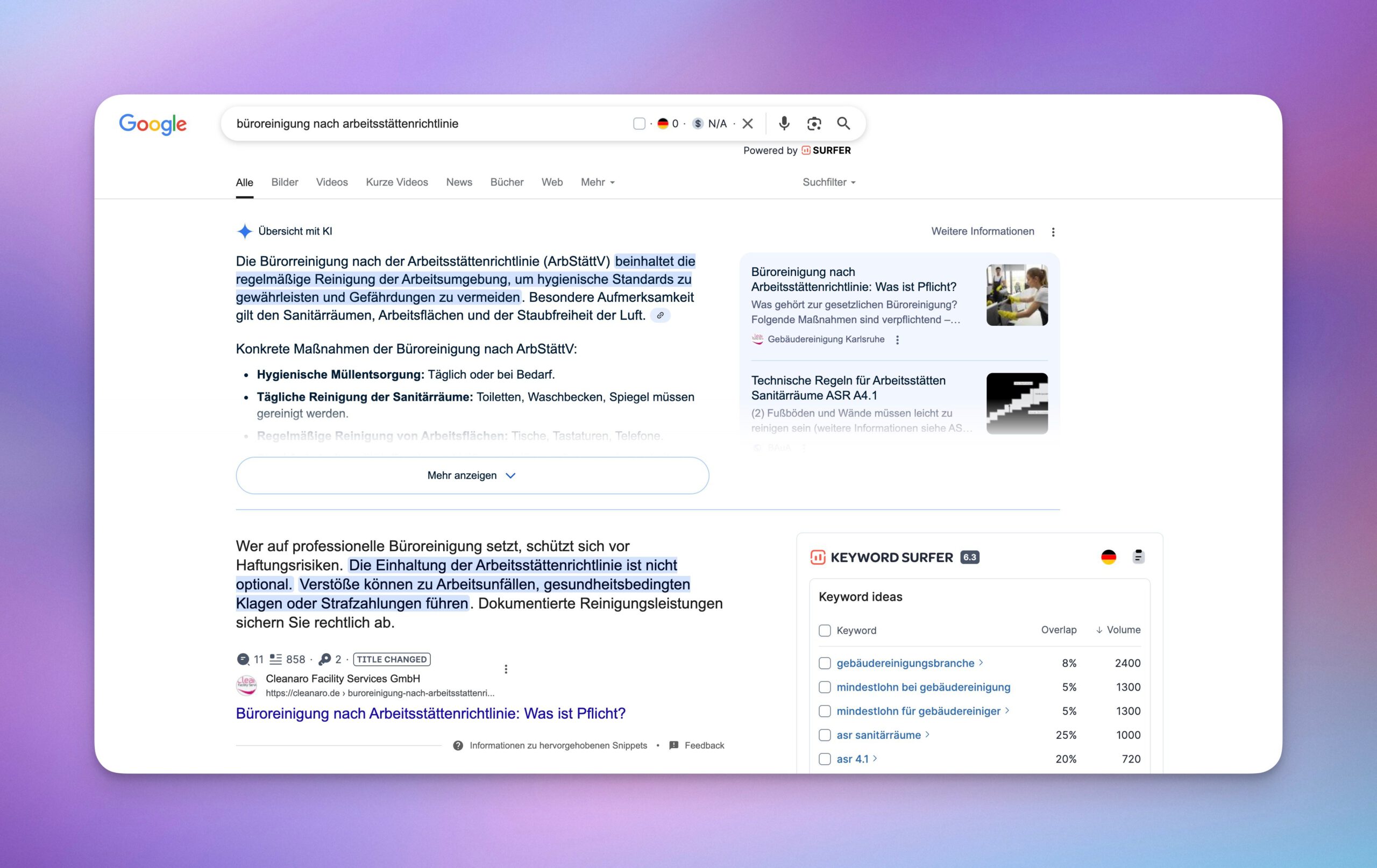 KI-Snippet in der Google-Suche zu einem Long-Tail-Keyword einer Gebäudereinigung