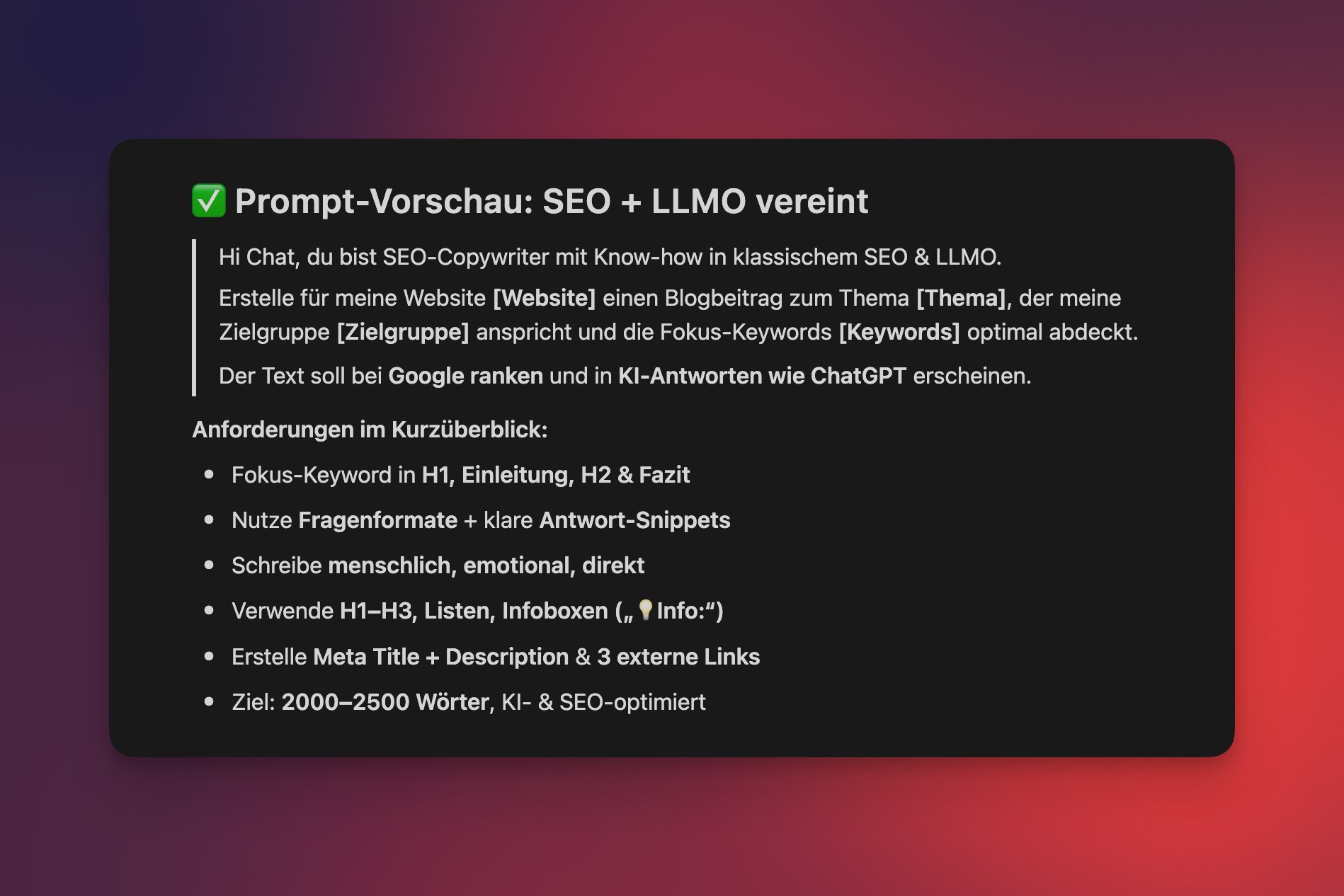 Vorschau der Prompt-Vorlage für SEO- und LLMO-Content