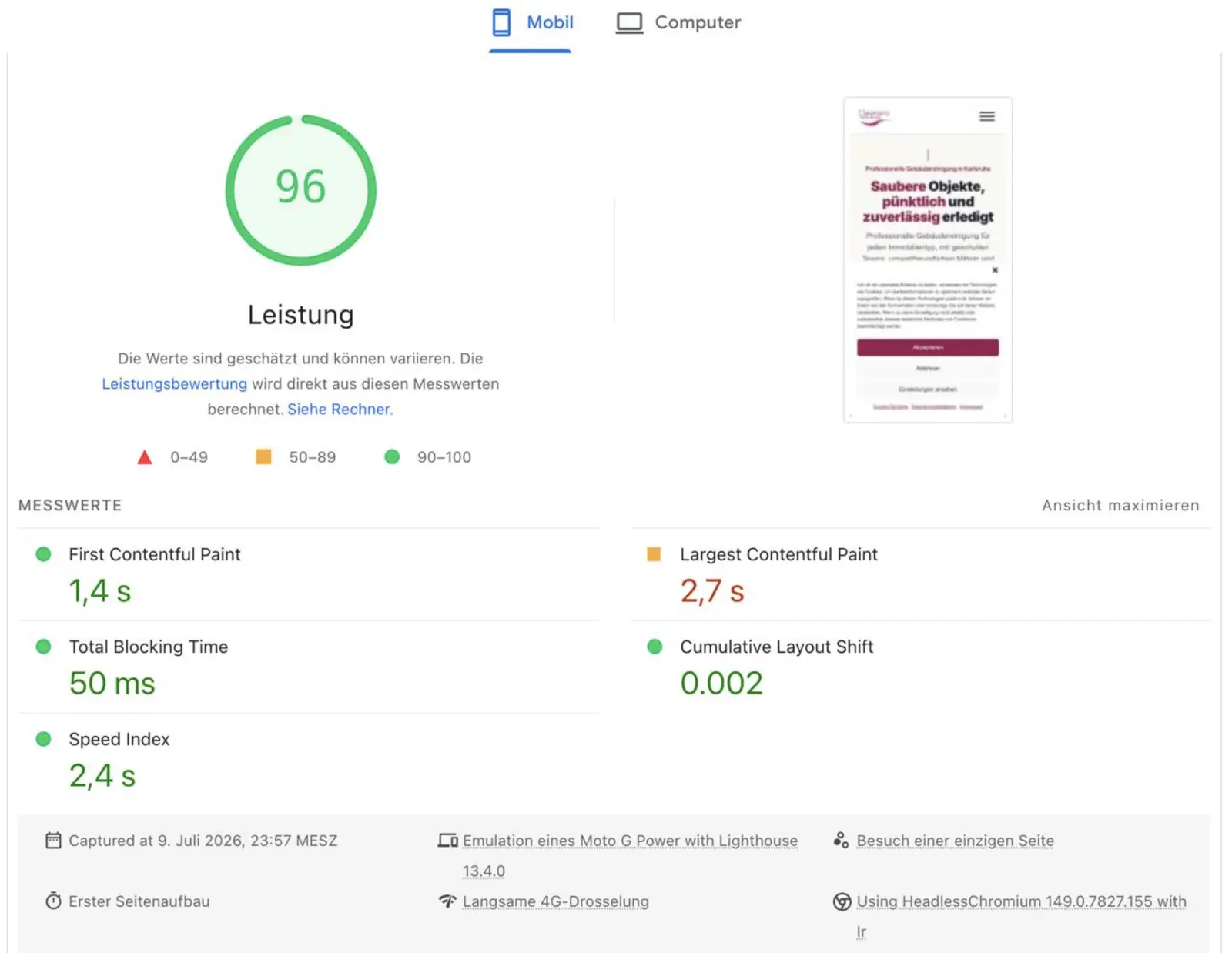 PageSpeed Insights Bericht mit Leistungswert 96 und einem LCP von 2,7 Sekunden