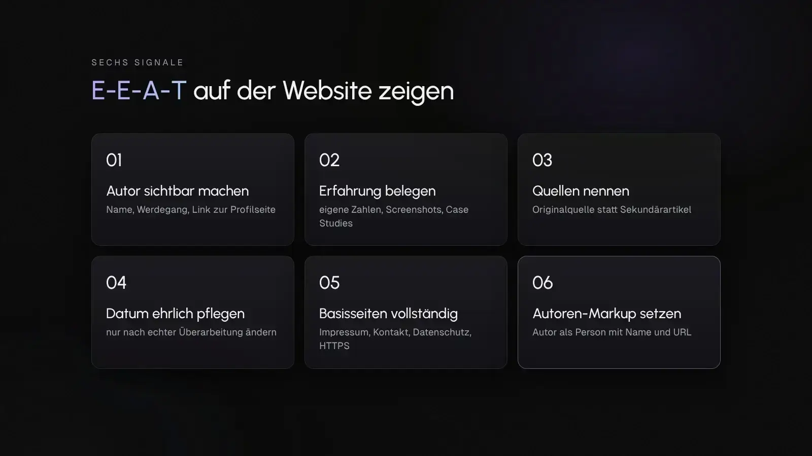Sechs E-E-A-T-Signale für die eigene Website, vom sichtbaren Autor bis zum Autoren-Markup