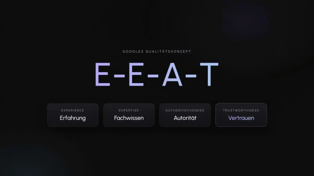 Grafik mit den vier Bestandteilen von E-E-A-T, also Erfahrung, Fachwissen, Autorität und Vertrauen