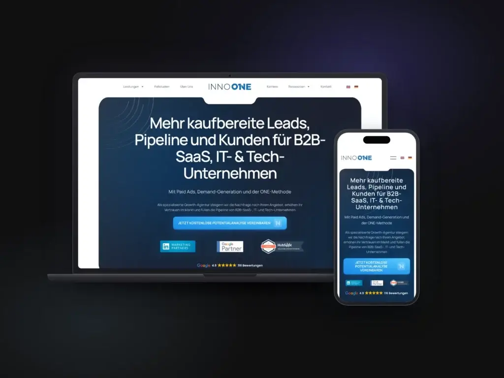Mockup der Website von Inno ONE auf Laptop und Smartphone, Startseite