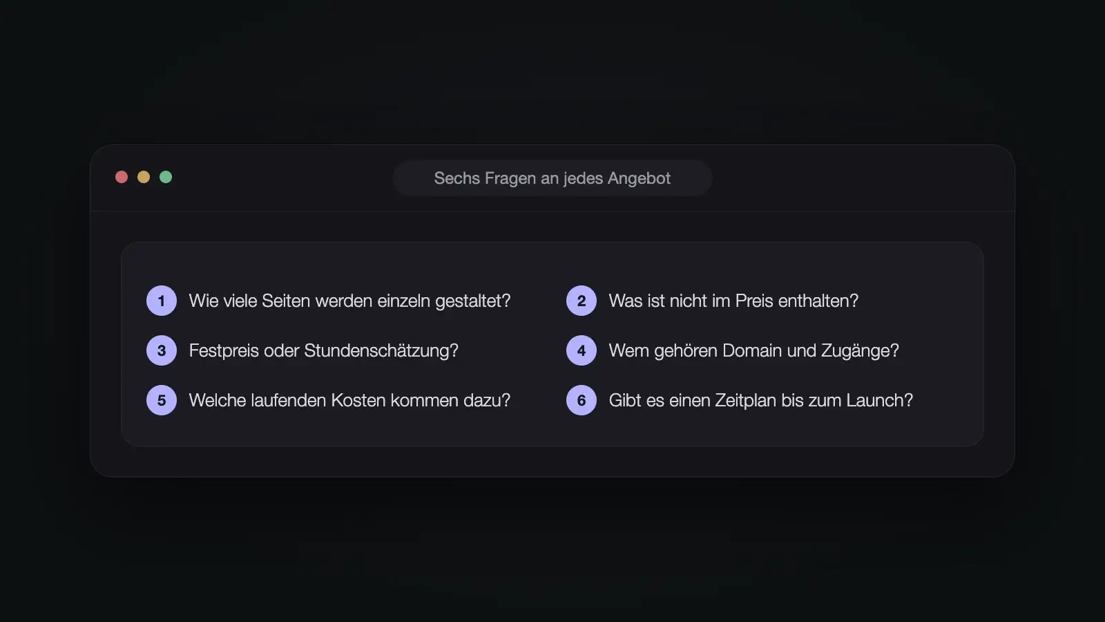 Checkliste mit sechs Fragen zum Vergleich von Website-Angeboten